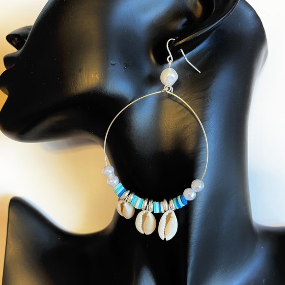 Silver Cowrie Shell White Freshwater Pearl Earrings Island Beach BIG Hoop Plated - Picture 3 of 10